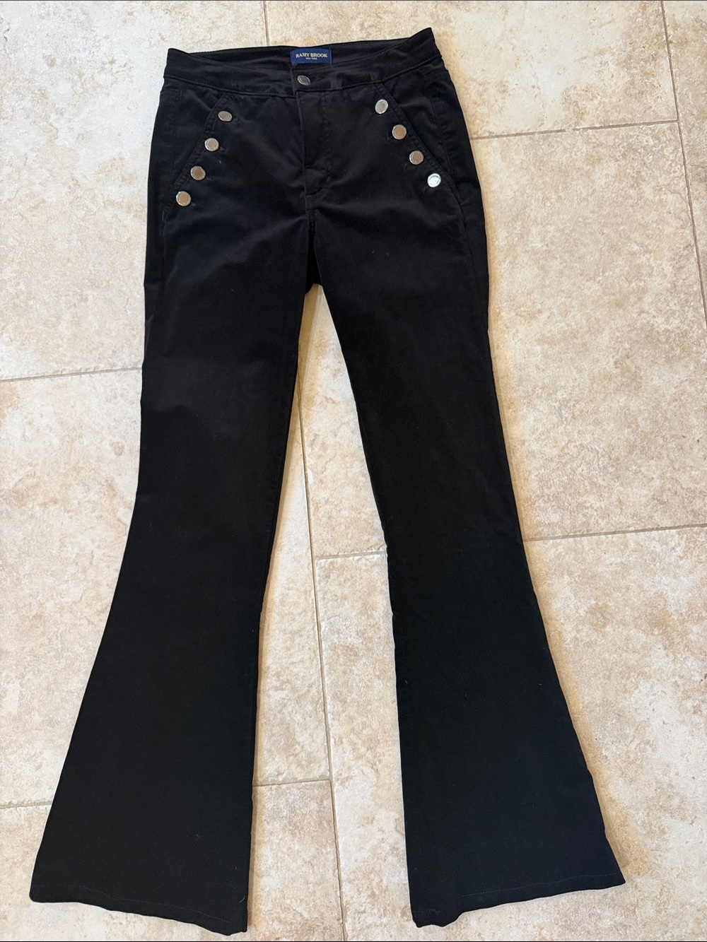 Ramy Brook Black Flared Pants with Silver Button Accents